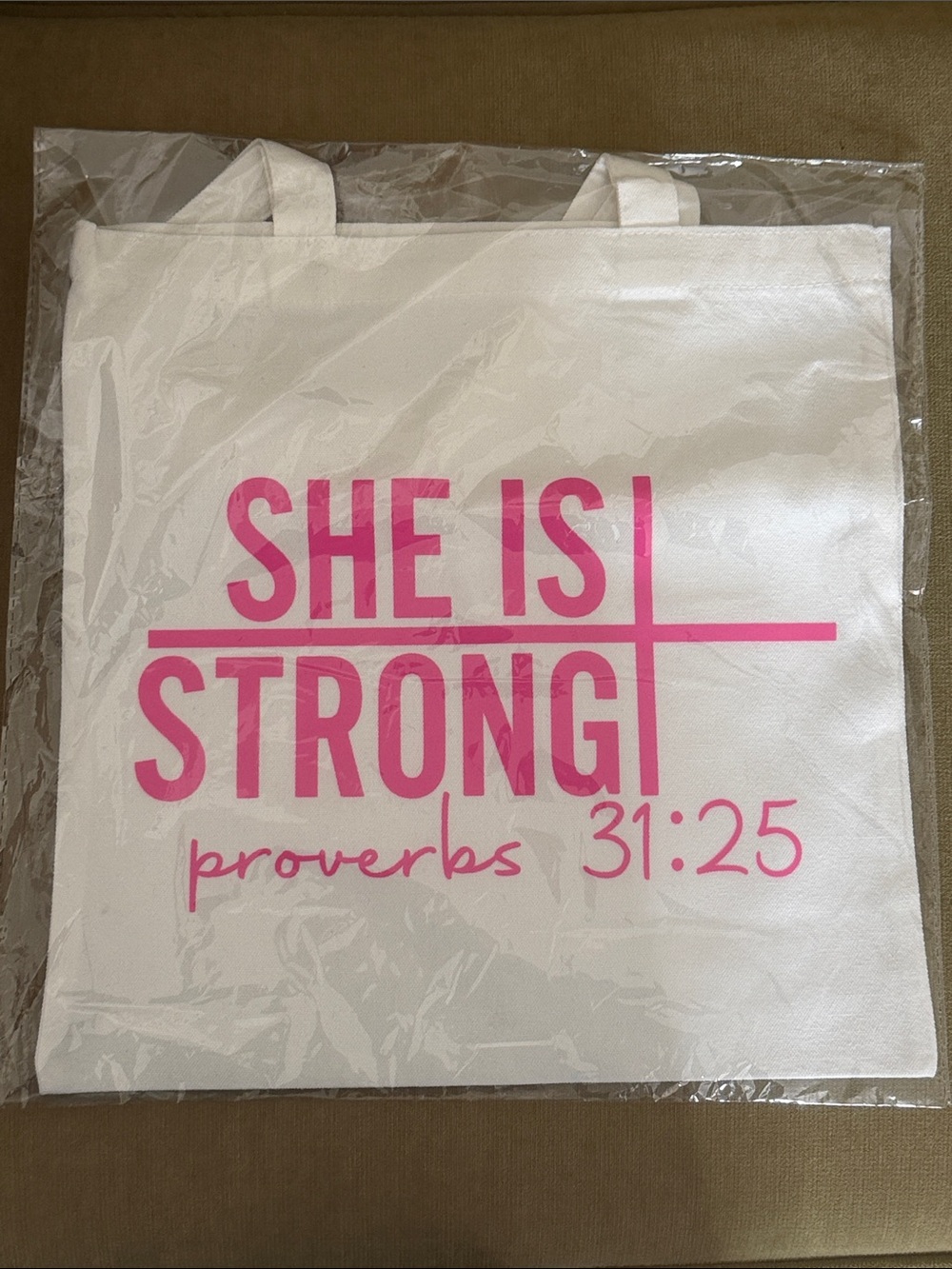 Custom She Is Strong Natural Colored/Pink Canvas Tote Bag